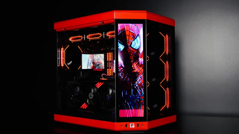 PC gamer vermelho com tela integrada em gabinete HYTE Y70, montado pela SuperFast